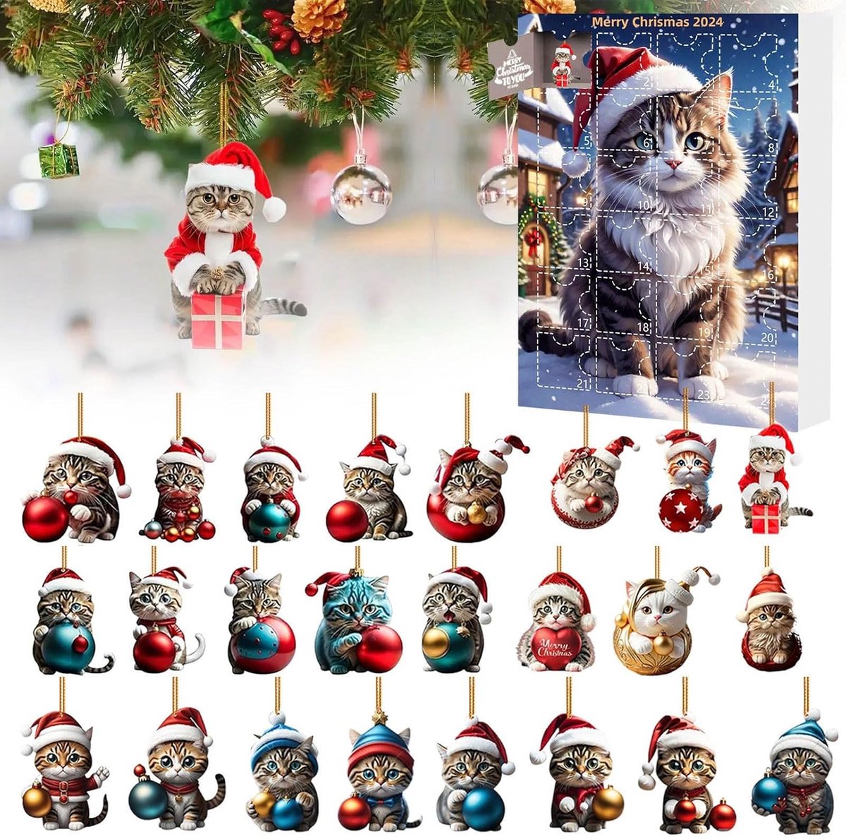 Adventsaftelkalender - 24 dagen tot Kerstmis - Met een schattige kattenknuffel - Kerstboom 2D acryl kattenhangerdecoratie - Vakantiedecoratie voor kattenliefhebbers
