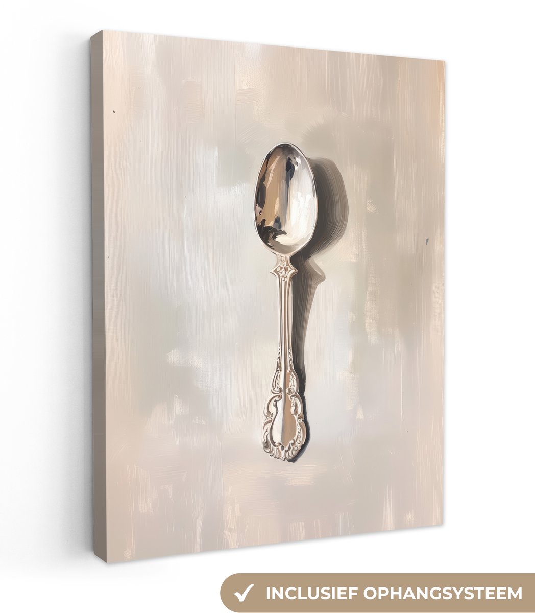 Canvas schilderij 120x160 cm - Exclusieve wanddecoratie Lepel - Verf - Zilver - Muurdecoratie woonkamer - Slaapkamer decoratie - Kamer accessoires - Schilderijen op canvas