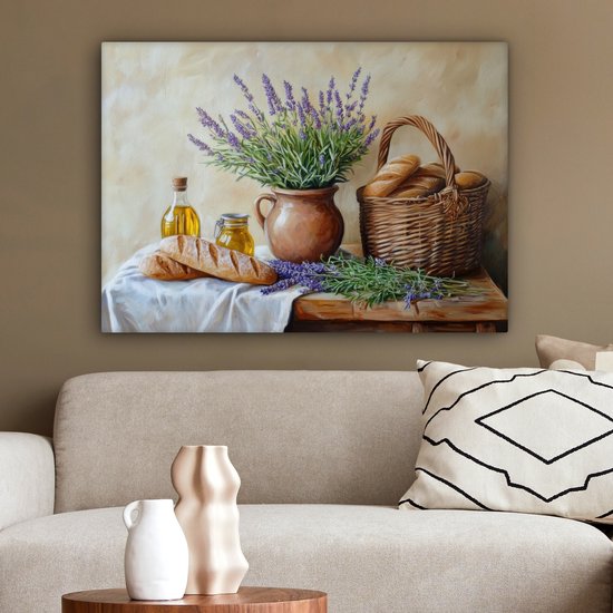 Peinture sur toile 80x60 cm - Décoration murale Lavande - Pain - Nature morte - Décoration murale murale salon - Décoration chambre - Accessoires de chambre - Peintures sur toile