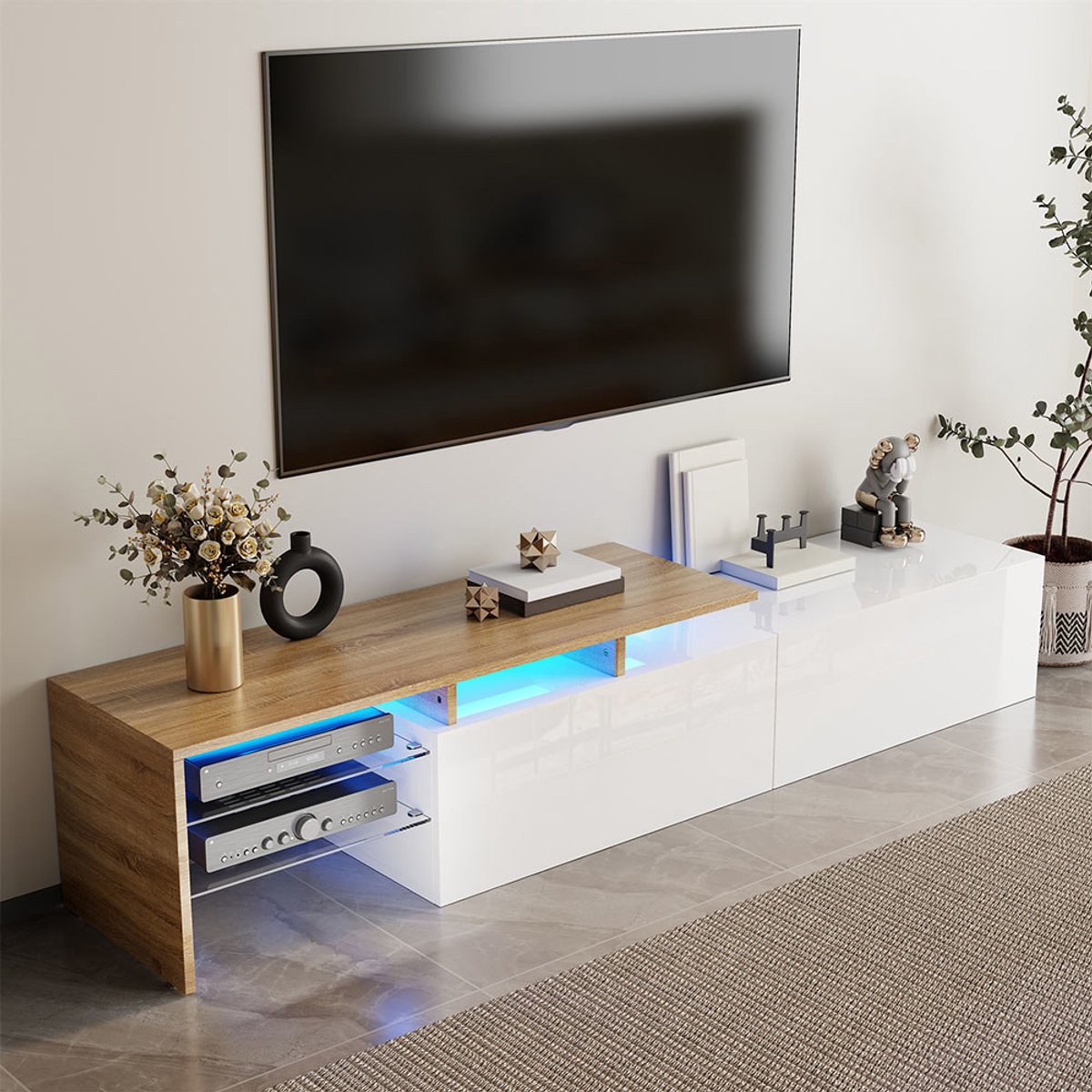 BLACKCOLORS Moderne design tv-meubel: elegant en verfijnd, praktische opbergruimte, glanzend wit, houtlook, glazen planken, ledverlichting