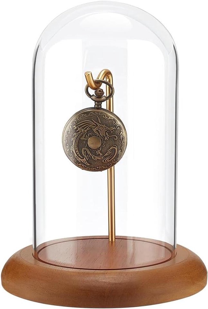 Allecto plus - Glazen Display Cloche voor Zakhorloge - Houten Base - Vaderdag Cadeau - Horloge Ornament - Display Collectibles - 14.5x19.5cm