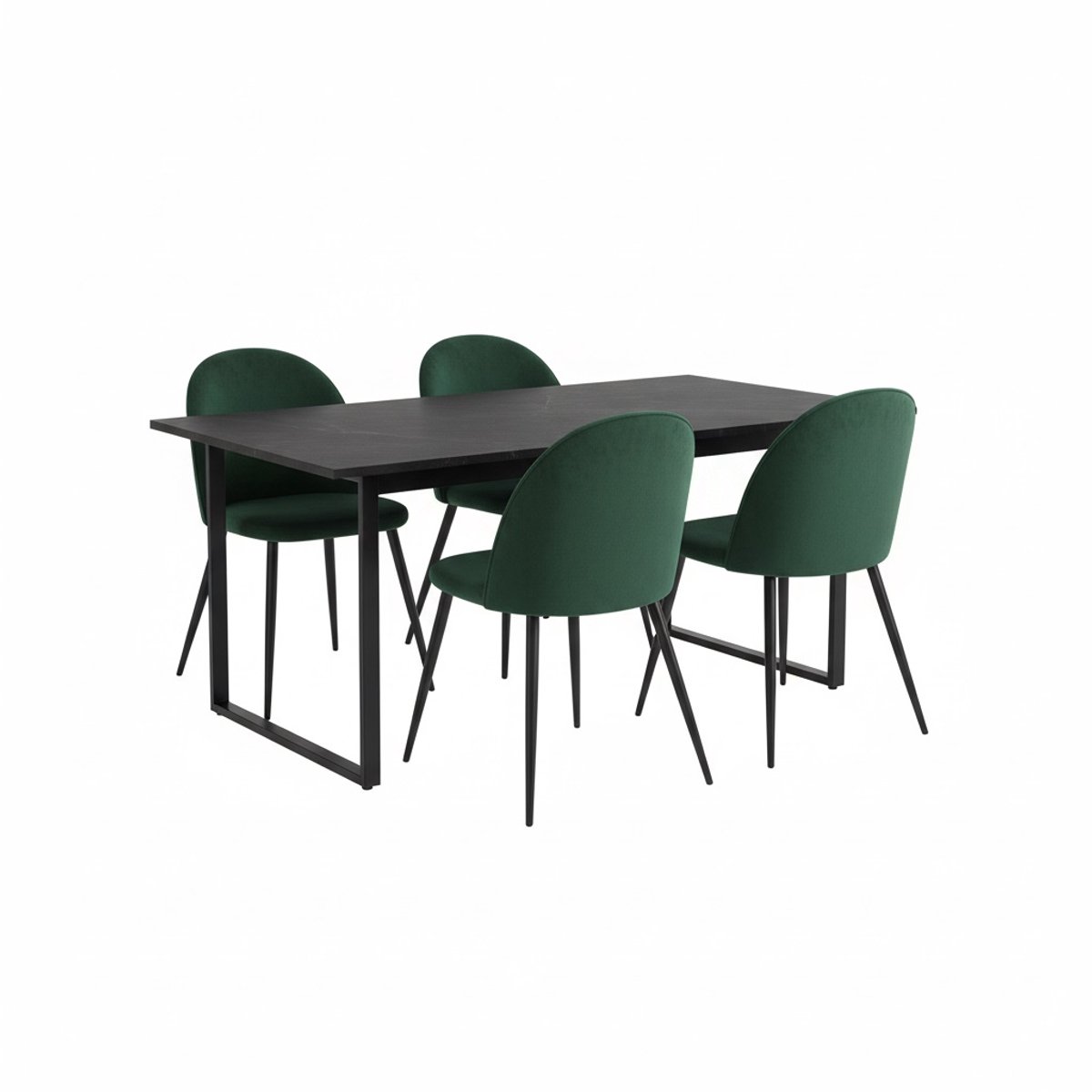 Tilst eethoek eettafel zwarte marmerprint 90x160 4 stoelen velours groen.