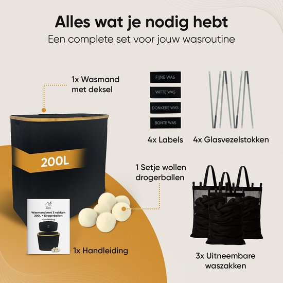 Panier à linge Premium 3 compartiments XXL - 200 L - Trieur de linge - Panier à linge avec couvercle - Avec 3 sacs amovibles - Zwart - Boutons - Boules de séchage incluses