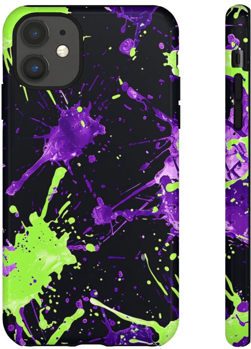 Groene en Paarse Verfspatten Patroon – Telefoonhoesje Geschikt voor iPhone 11