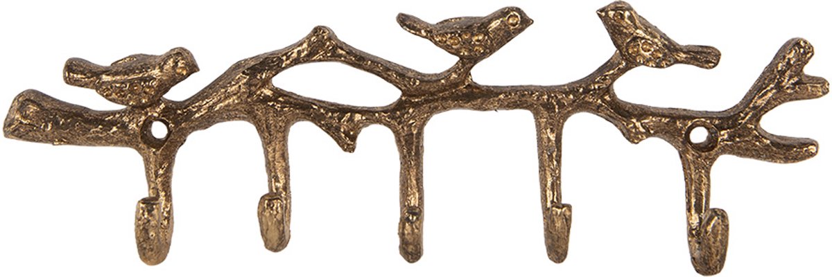 Clayre & Eef Wandkapstok 5 Haken Vogels 18x2x6 cm Goudkleurig Metaal
