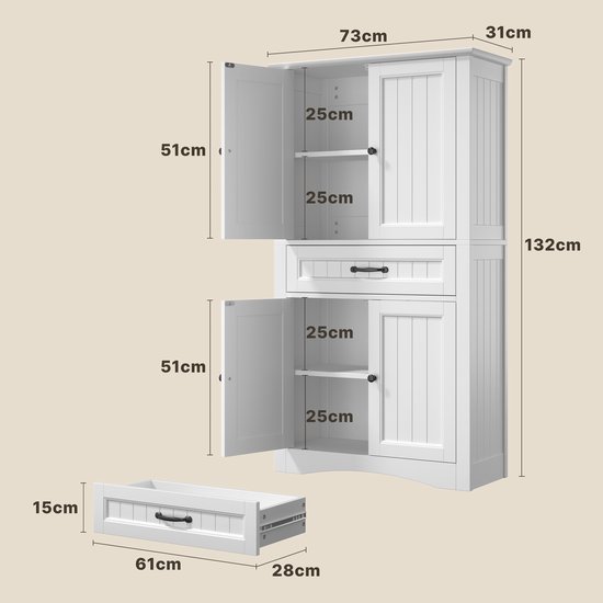 Xbro Badkamerkast met 4 Deuren en 1 Lade – Hoge Opbergkast met Verstelbare Planken – Brede Kast voor Badkamer, Keuken of Slaapkamer – Voor Badkamer – 130 x 70 x 30 cm – Wit