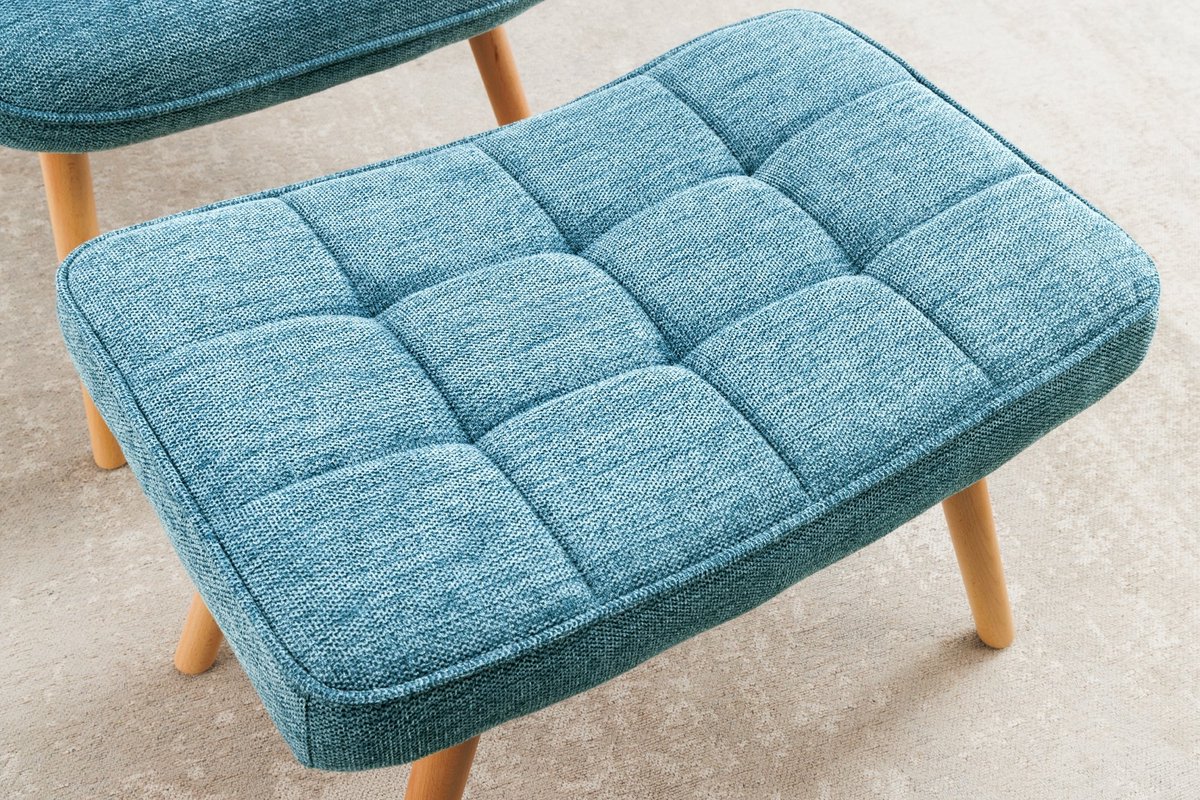 Moderne kruk SCANDINAVIA Blauwe getextureerde stof Massief houten poten voetenbank - 44030