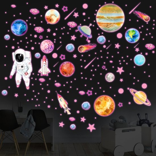 1 set lichtgevende stickers planeten sterren glow in the dark planeet astronaut muurstickers plafonddecoratie fluorescerende sticker voor kinderkamers, Roze