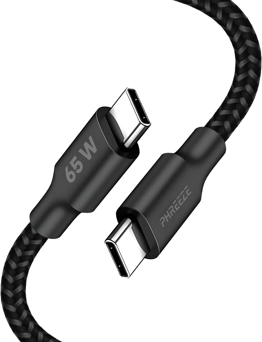Usb C kabel 1 meter - 65w snellaadkabel - Usb C naar usb C - Oplaadkabel - Zwart - Phreeze
