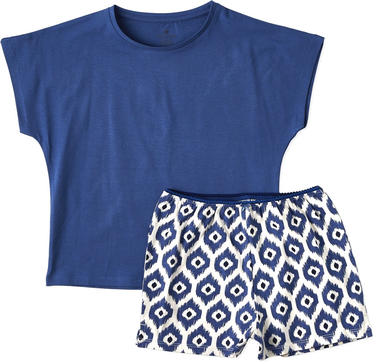 Little Label - meisjes pyjama kort - blauw ikat - 110-116 / 6Y - extra zachte bio-katoen