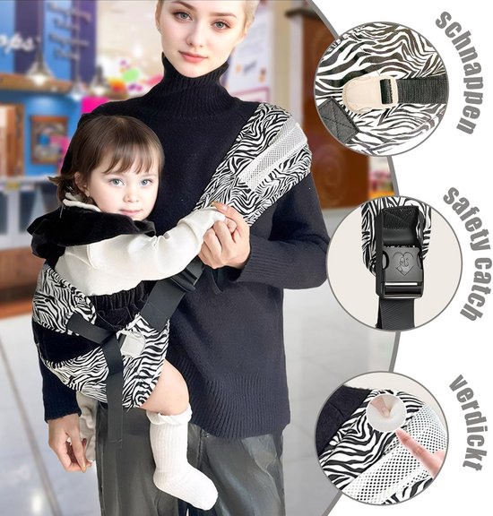 Ergonomische draagzak 6-20 kg met zijdraagriemen, antislipbanden en ademend gaas - Zwart en wit