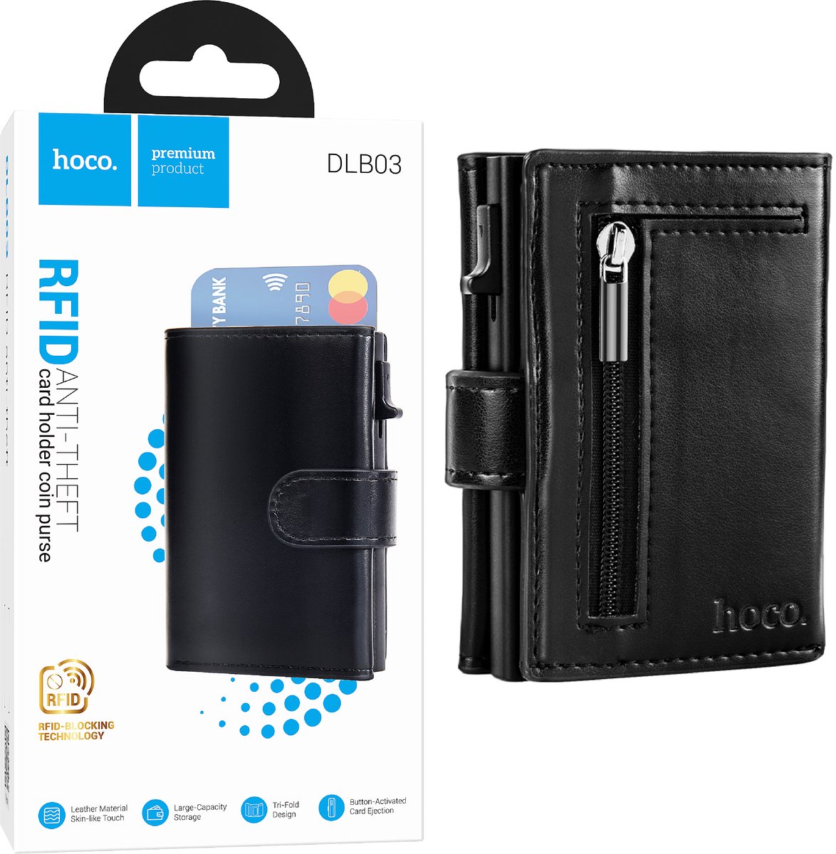Hoco Pasjeshouder met Rits - Zwart - Uitschuifbaar Creditkaarthouder mannen & Vrouwen - Anti-theft Portemonnee met RFID - 10 Pasvakjes Pop up Wallet met Brief- en Muntgeld Vakken