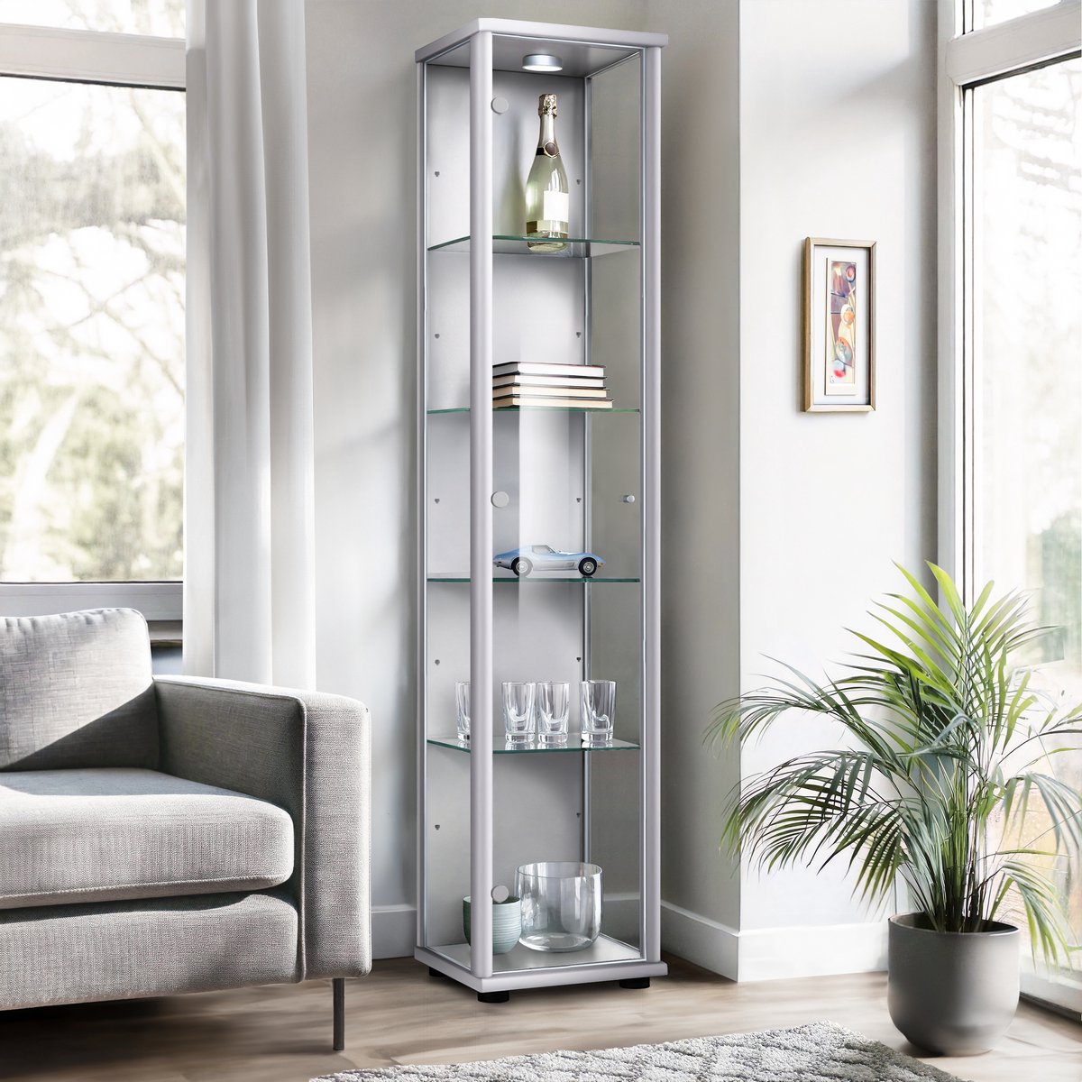 K-Möbel Vitrinekast met glas staand met 1 deur, 4 in hoogte verstelbare glasplanken - Vitrinekast met led verlichting - 176x37x33 cm - Zilverkleurig