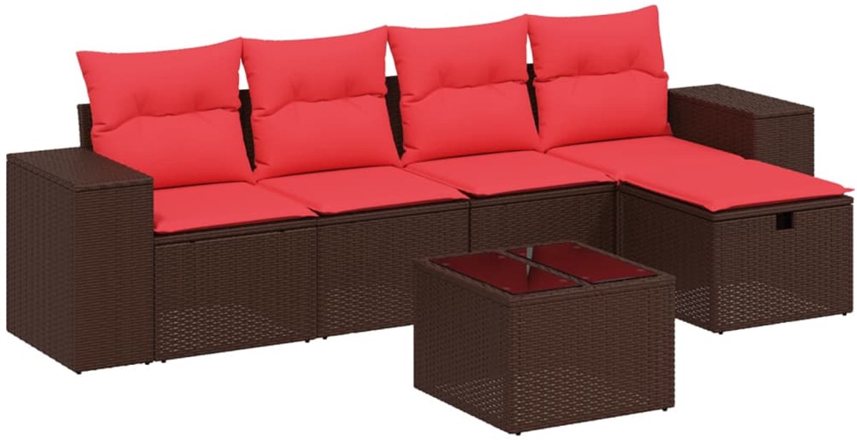 vidaXL - 6-delige - tuinbankset - met - kussens, - bruin - polyrotan