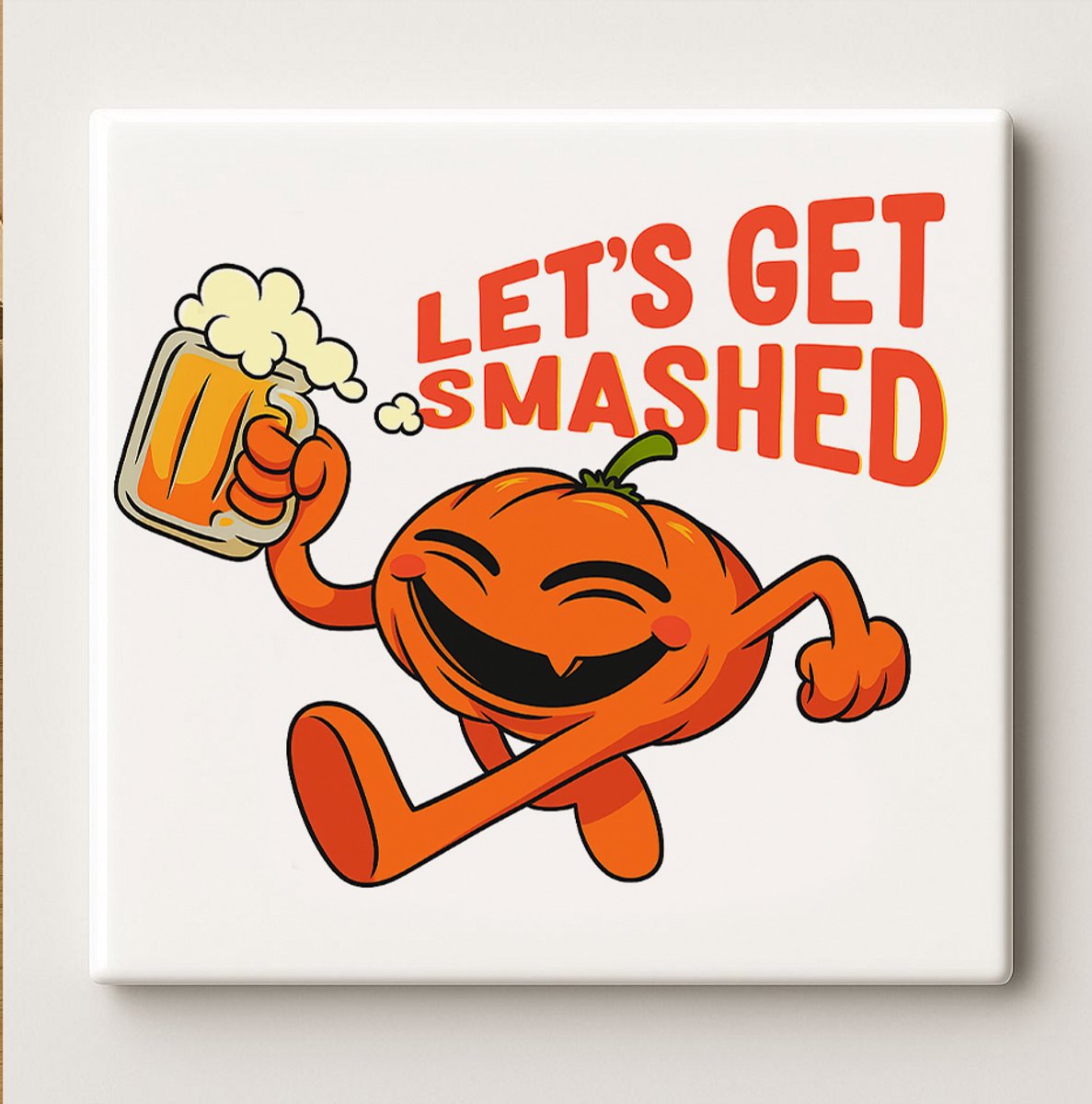 Nevolis “Let’s Get Smashed” Pompoen Tegel – Grappige Halloween Bierdecoratie | 15×15 cm Keramische Wandtegel Multi Color
