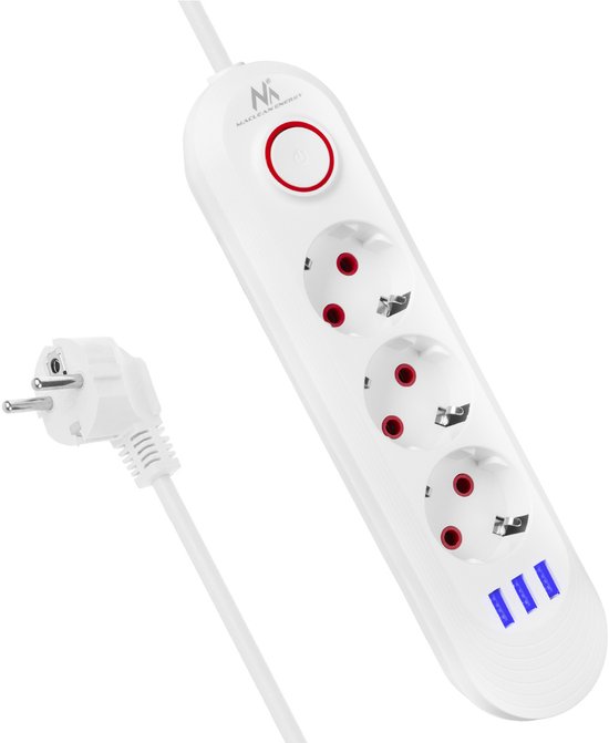 Maclean MCE394 W - Multiprise 1,5 m avec 3 prises + 3 ports USB, 110-240 AC CA 50/60 Hz, 2,1 A max. 2 500 W - Blanc