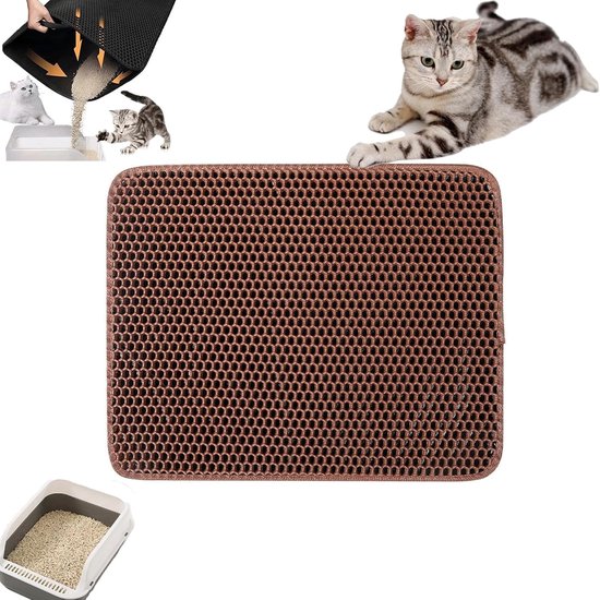 Tapis de litière double couche pour chat - 30 x 30 cm - Motif nid d'abeille - Résistant à l'urine, imperméable et lavable - Tapis de litière pour chat pour contrôler et attraper la litière - Marron