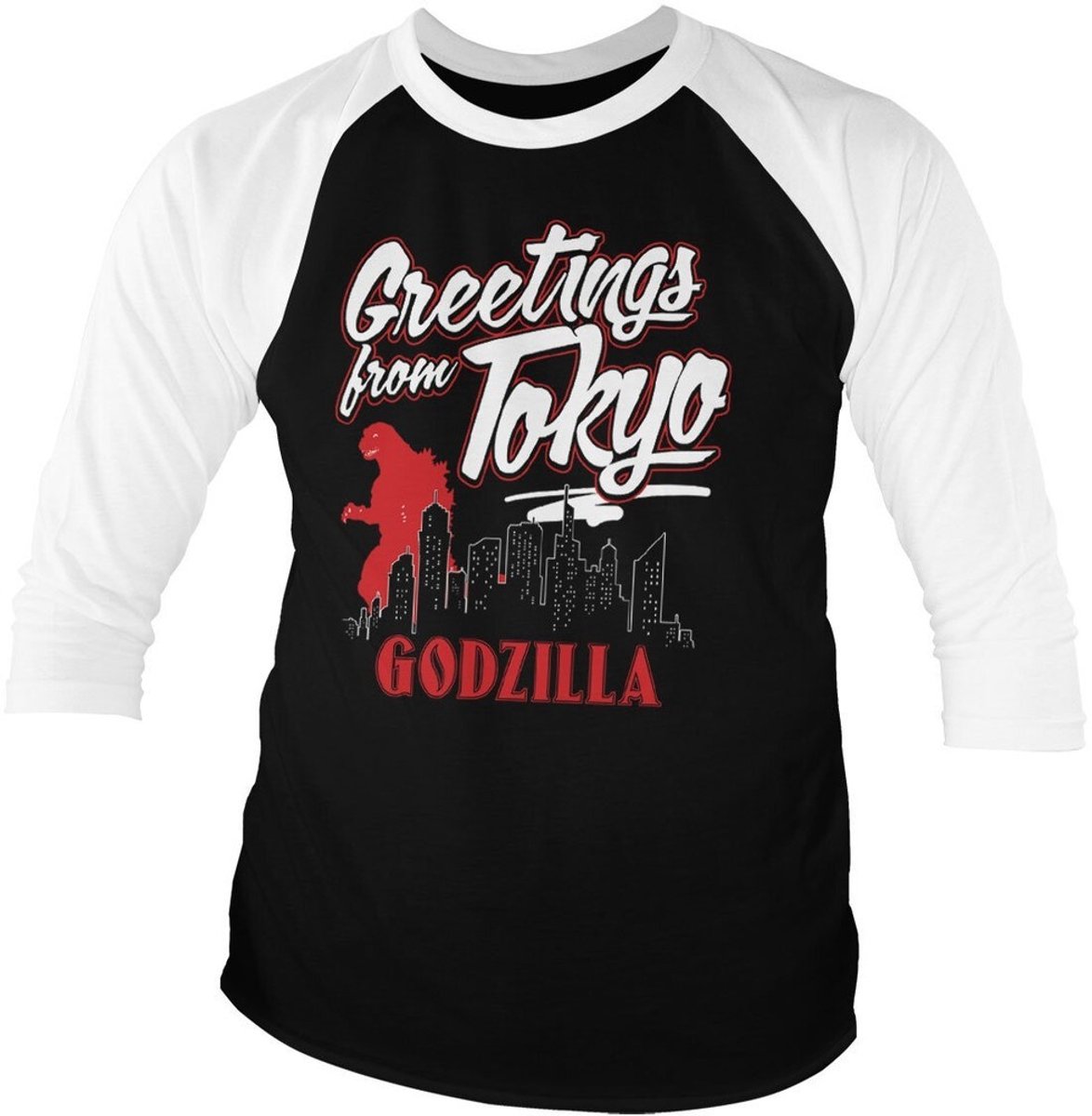 Godzilla Greetings From Tokyo BaseT-shirt met 3/4-mouwen LonT-shirt met 3/4-mouwen White/Black