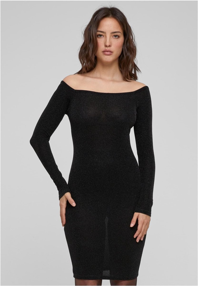 Urban Classics Off Shoulder Longsleeve Glitter Bodycon jurk XL Zwart
