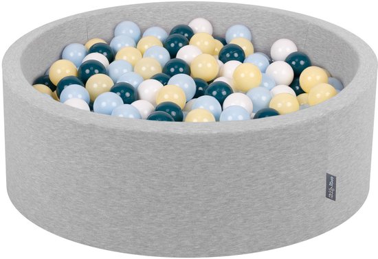 Piscine à balles KiddyMoon 90x30cm/200 balles ∅ 7cm piscine à balles avec balles colorées pour bébés et enfants, ronde, gris clair : turquoise foncé/bleu pastel/jaune pastel/blanc