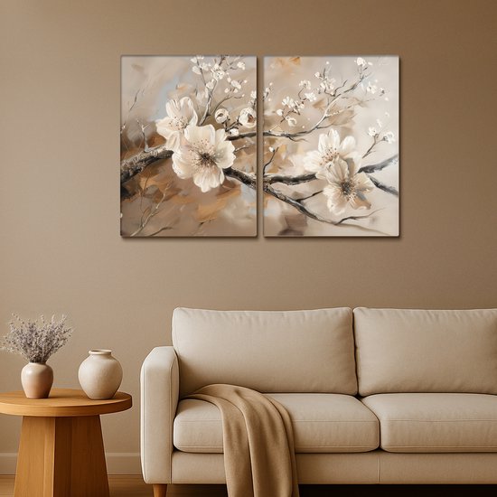 Tableau sur toile 120x80 cm - Décoration murale diptyque - Blossom - Beige - Abstrait - Fleurs - Décoration murale salon - Décoration chambre - Accessoires chambre - Peintures sur toile