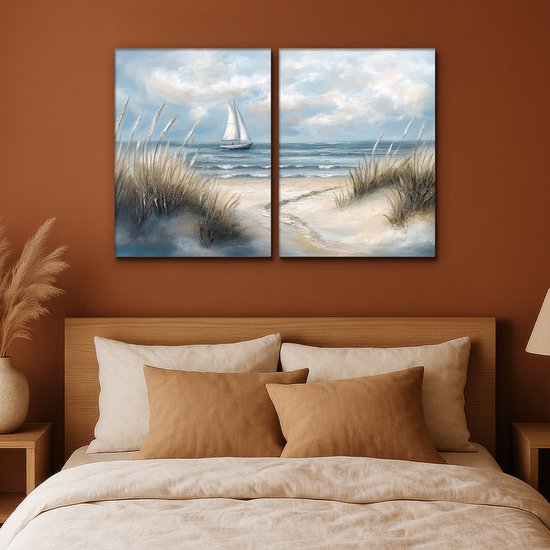 Ensemble de peintures sur toile 120x80 cm - Décoration murale diptyque - Plage - Peinture - Nature - Bateau - Décoration murale murale salon - Décoration chambre - Accessoires chambre - Peintures sur toile