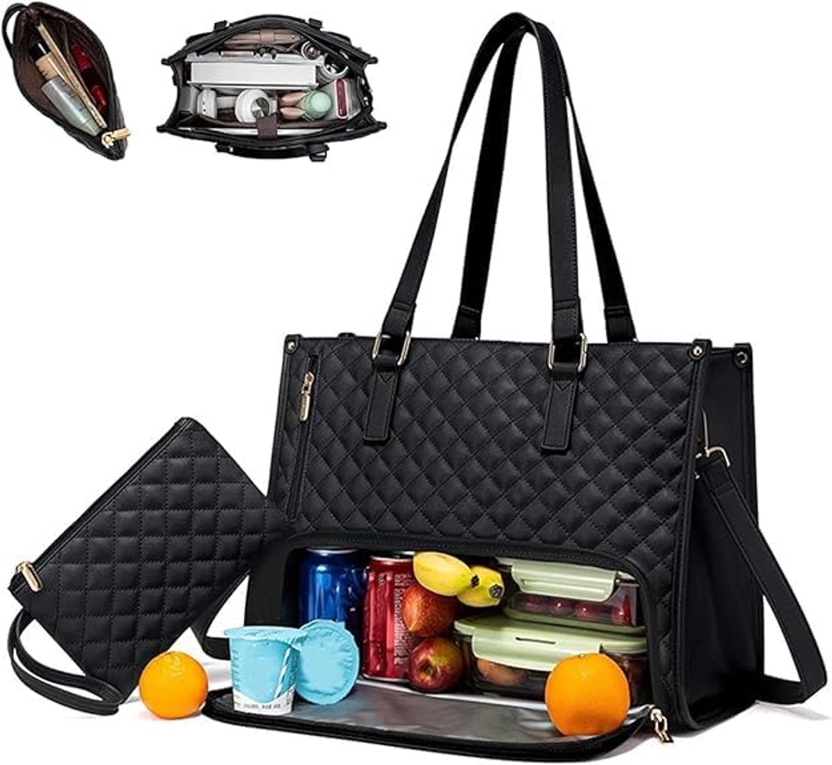 2-in-1 Tote Bag voor Dames - Met geïsoleerd lunchvak en gewatteerd laptopvak voor 15,6 inch laptops - Grote capaciteit - Inclusief portemonnee - Zwart