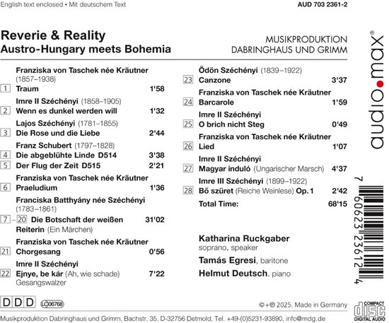 CD-hoes met tracklist en informatie over artiesten en componisten zoals Franz Schubert, Lajos Széchenyi, en Imre Széchenyi.