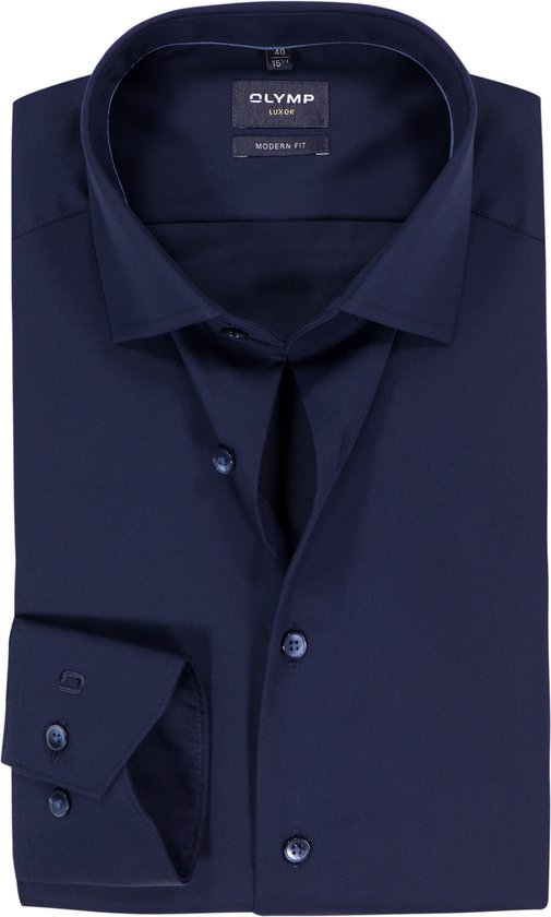 OLYMP Luxor modern fit overhemd - satijnbinding - donkerblauw - Strijkvrij - Boordmaat: 39