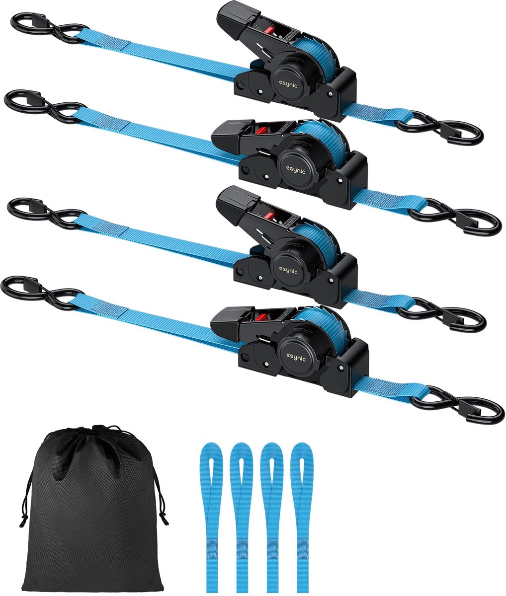 Zelfoprollende Spanbanden - Met S-haken - 320 kg Draagvermogen - Breeksterkte 1411 lbs/640 kg - 4 Stuks
