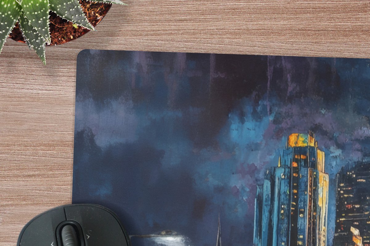 Muismat XXL 90x60 cm - Bureau onderlegger - Bureau mat Auto - Skyline - Zon - Blauw - Bureaumat - Gaming mousepad xl - Bureaulegger groot - Computer deskmat