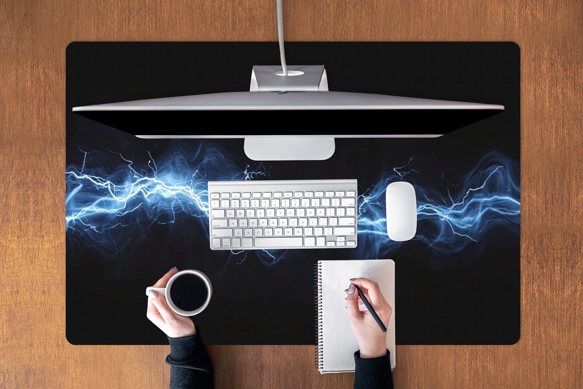 Muismat XXL 120x80 cm - Bureau onderlegger - Bureau mat Gaming - Bliksemflits - Blauw - Energie - Bureaumat - Gaming mousepad xl - Bureaulegger groot - Computer deskmat