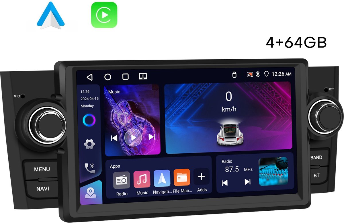 Boscer Autoradio - Geschikt voor Fiat Punto 2005-2009 & Linea 2007-2011 - Apple Carplay & Android Auto - 4+64GB - Android 15 - 7 Inch HD IPS Touchscreen - GPS Navigatiesysteem - Bluetooth, USB, WiFi & MP5 - Achteruitrijcamera & Microfoon