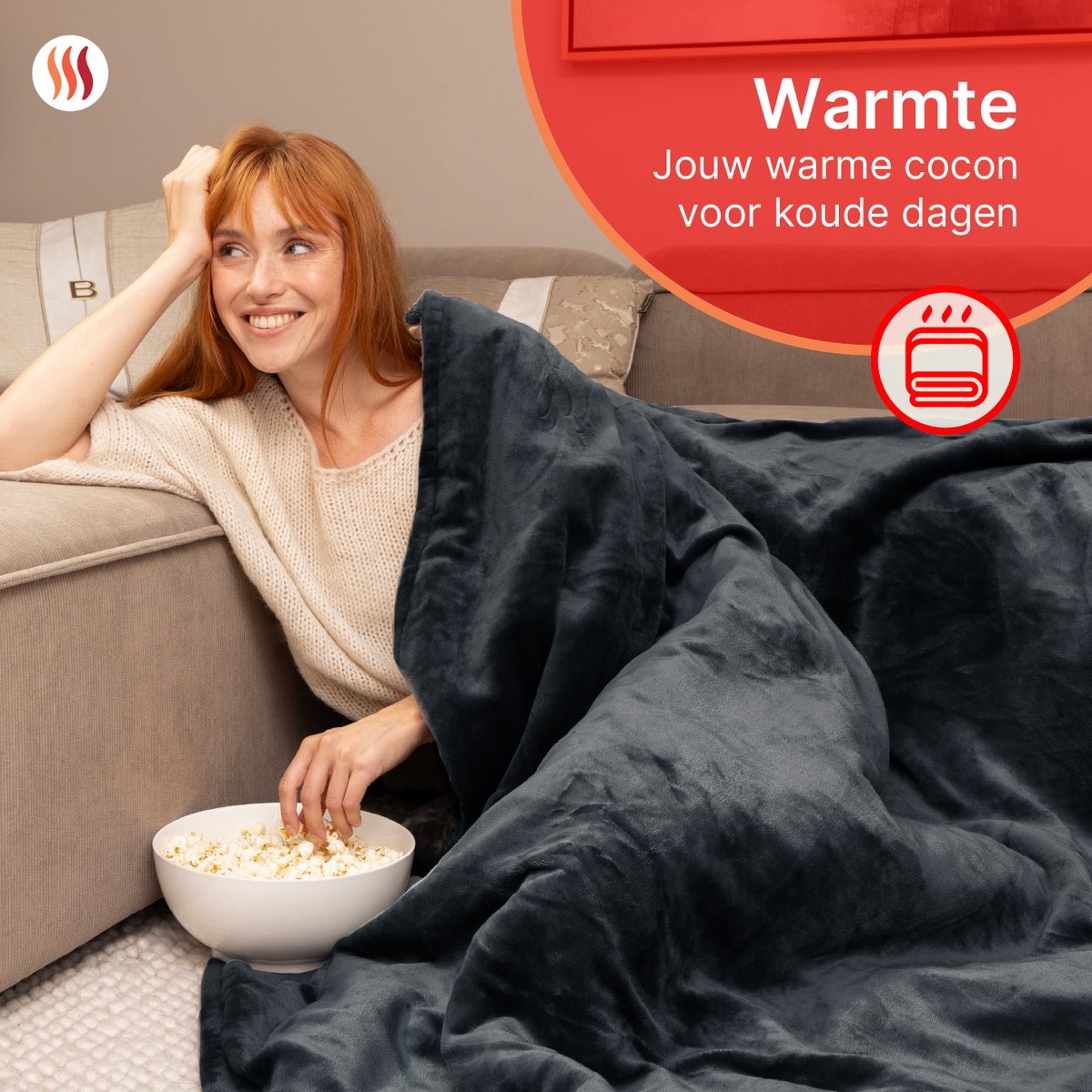 Afbeelding 2 van Seranova Elektrische Deken XXL - 180x160 cm - 2 persoons Bovendeken - Warmtedeken - Dubbelzijdig - Fleece Sherpa - Antraciet Grijs