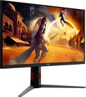 Schuin bovenaanzicht van een AOC gaming monitor met beeldscherm vol actie-game afbeelding.