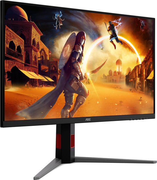 Schuin bovenaanzicht van een AOC gaming monitor met beeldscherm vol actie-game afbeelding.