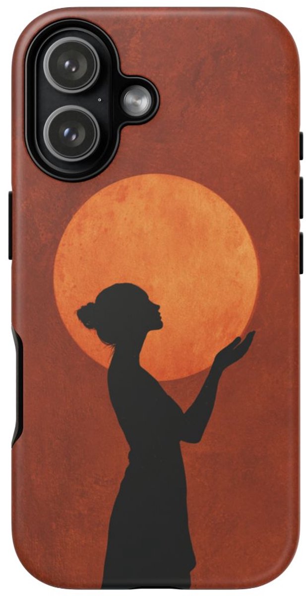 Zilveren Silhouet van Vrouw met Zon – Telefoonhoesje Geschikt voor iPhone 17