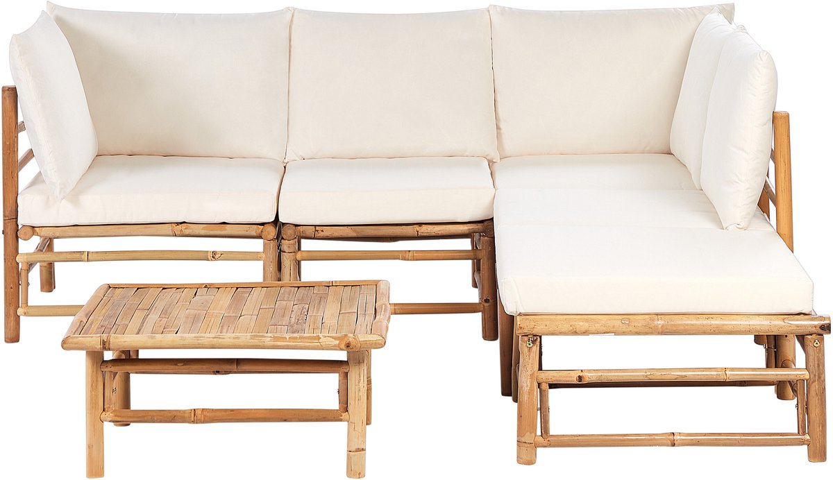 Beliani CERRETO - Loungeset 5-zits hoekbank - Gebroken wit - Bamboehout Bruin