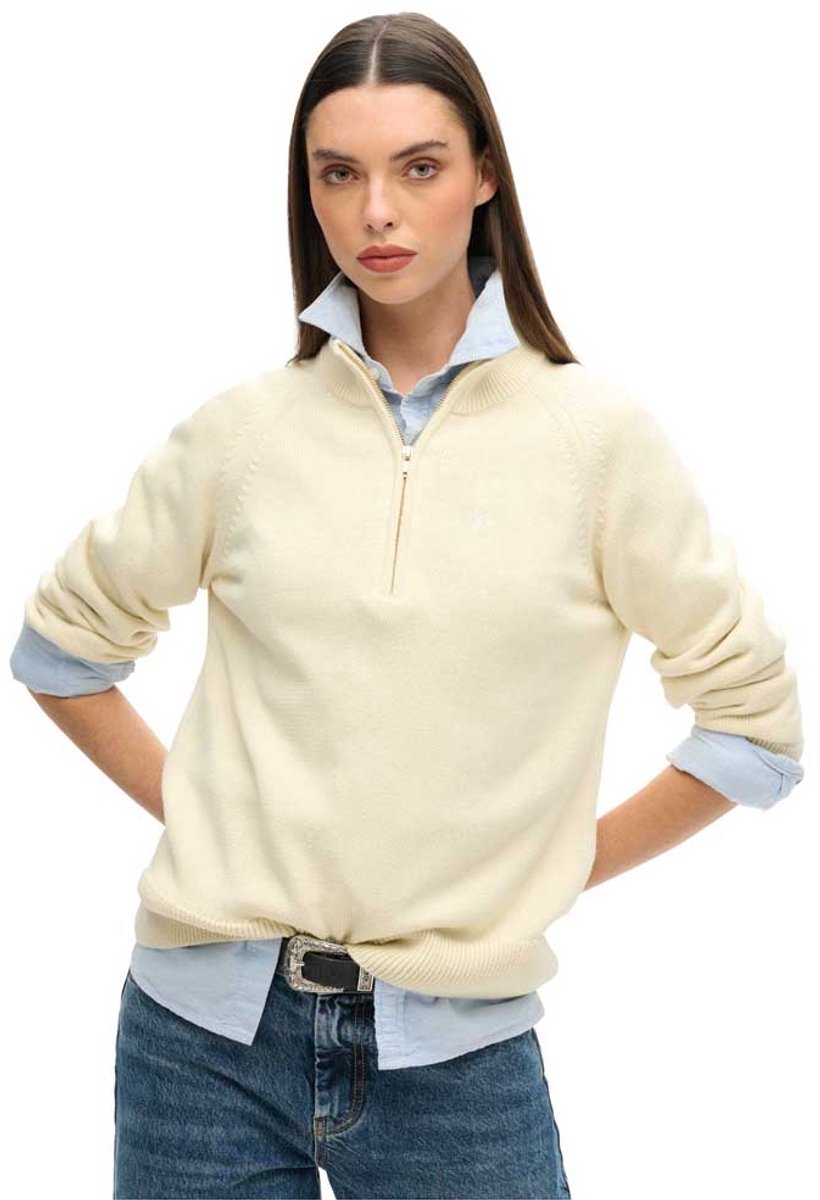 Superdry Classic Cotton Knit Trui Met Halve Rits Dames Sweaters Creme