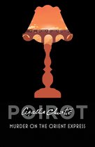Poster met silhouet van een lampenkap, met op de achtergrond een trein op een brug bij zonsondergang. "Poirot Agatha Christie Murder on the Orient Express".