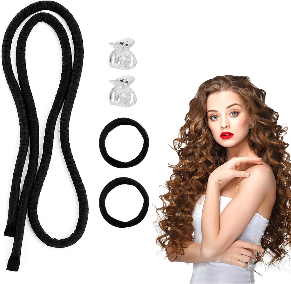 Heatless Curls Band - 1,6 m krulspelden 's nachts - overnight krullen met 2 haarelastiekjes en 2 clips - blowout hair zonder hitte voor lang haar en kort haar (zwart)