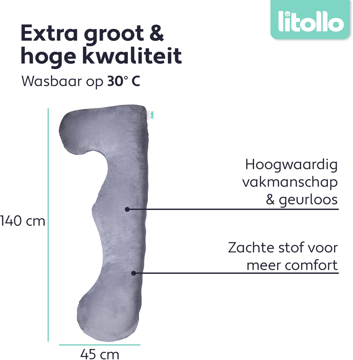 Litollo® Zwangerschapskussen XL - Voedingskussen - Lichaamskussen - Body pillow - 140cm - Afneembare hoes - Grijs - Fleece – foto 5
