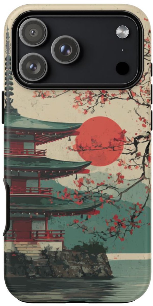 Pagode met Kersenbloesems en Rode Zon – Telefoonhoesje Geschikt voor iPhone 17 Pro Max