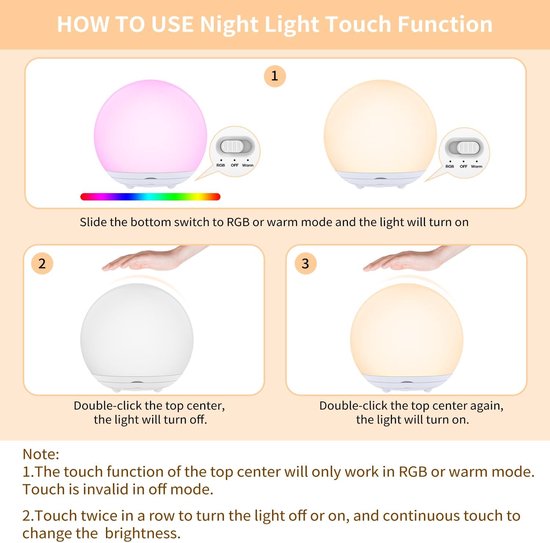 Kinder Nachtlamp - Oplaadbare USB Nachtlamp - Aanraking, Dimbaar Warm Wit & 7 Kleuren RGB, Timer - Voor Slaapkamer, Baby, Camping - Cadeau Nachtlamp -Ideaal Cadeau - Wit - 1 Stuk van Ailyon — afbeelding 3