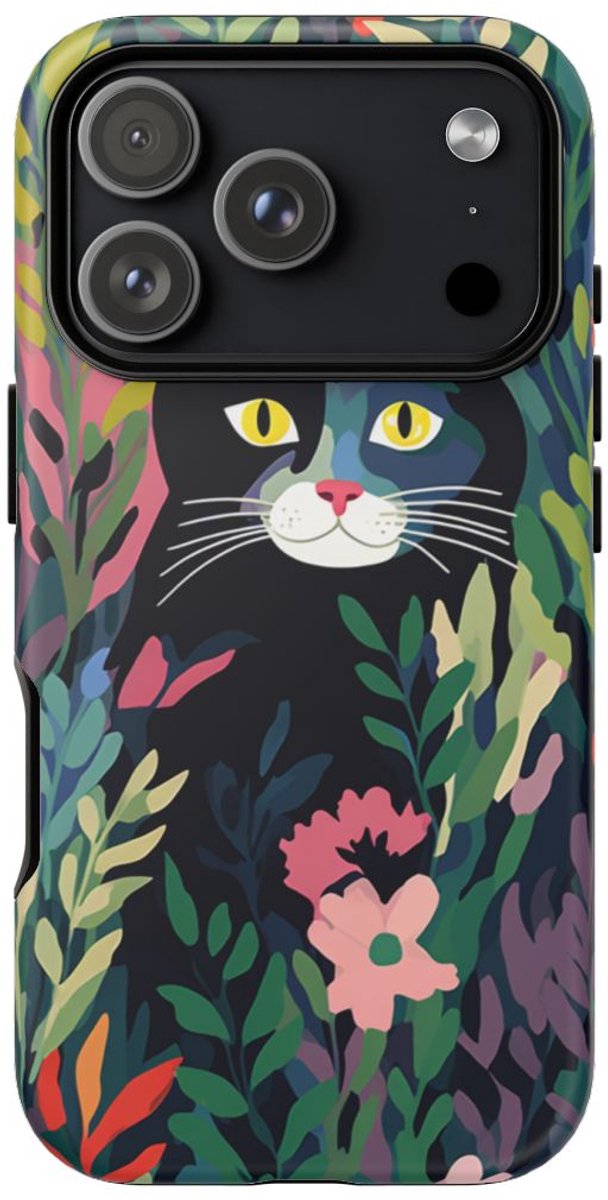 Zwarte Kat Tussen Kleurrijke Bloemen – Telefoonhoesje Geschikt voor iPhone 17 Pro