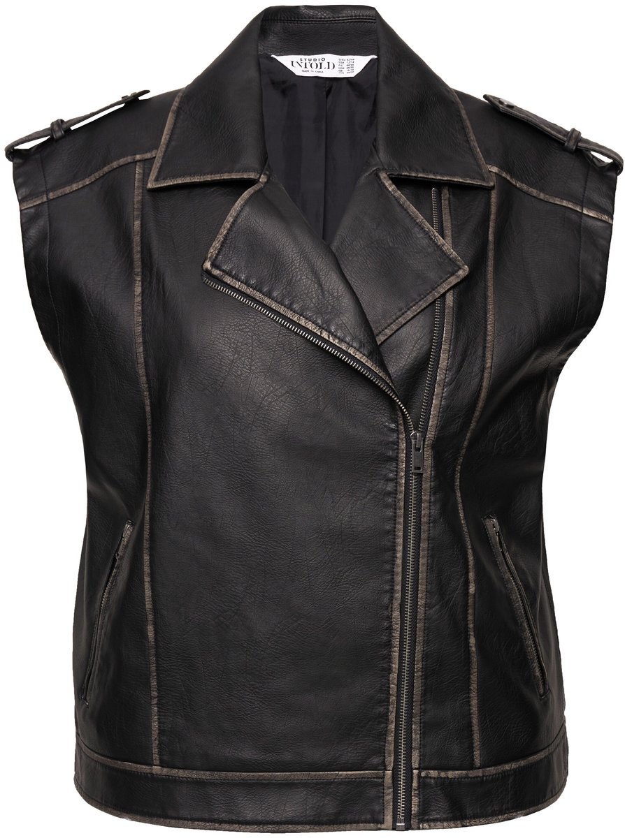Studio Untold - Dames - Bodywarmer oversized biker mode leerlook used look - Zwart - Maat 54+