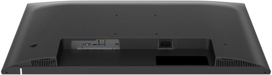 Achterkant van de monitor met poorten: HDMI, USB-C, USB-A, stroomaansluiting.