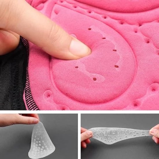 Gros plan sur un rembourrage de cyclisme 3D rose et des coussinets en silicone séparés.