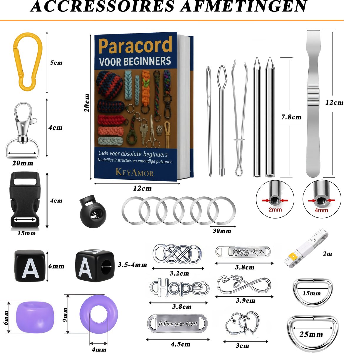 100 meter Paracord Pakket met 355 Accessoires - 33 Kleuren 4mm/2mm Parakoord 550, Karabijnhaken, Naaldenset, Bedels, Klikgesp, Kralen - Parachute Koord Knutselpakket Set - Knutselen Touw voor Volwassen, Kinderen, Meisjes - Sieraden/Armbandjes Maken — afbeelding 2
