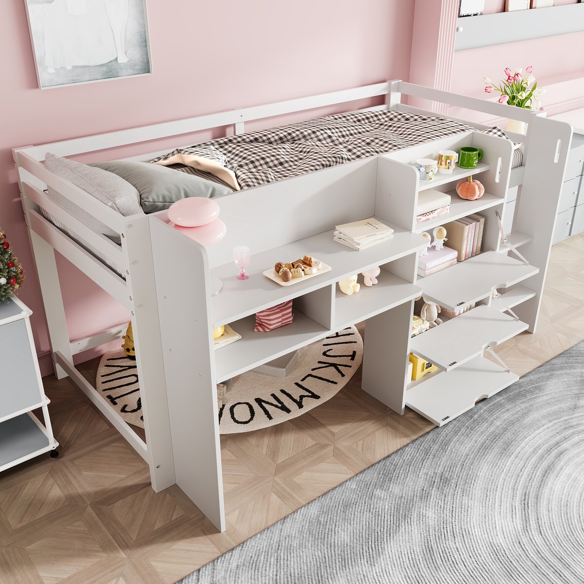 Merax Halfhoogslaper 90x200 cm - huisvorm - meerdere opbergvakken - entertainmentruimte onder het bed - geen matras - wit